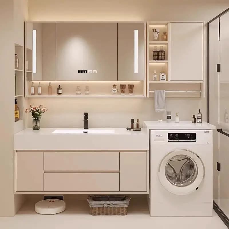Bathroom Vanity With Washing Machine Cabinet Combo Sintered Stone Integrated Ceramic Sink LED Mirror Cabinet Open Side Storage