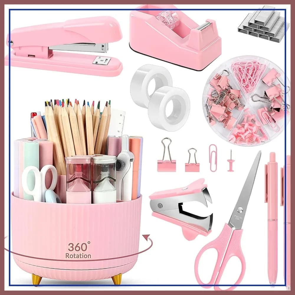 Set di 10 organizer da scrivania rosa: portapenne girevole, cucitrice, dispenser per nastro adesivo, forbici, fermagli per carta, forniture per ufficio e scuola