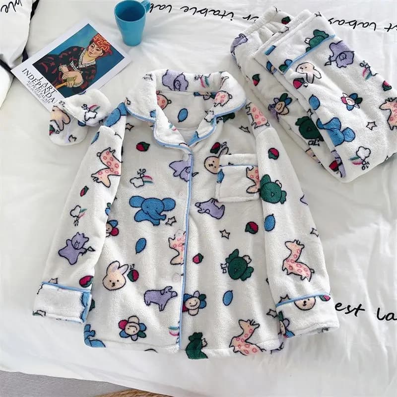 Set Pigiama Invernale in Velluto Corallo per Donna, Abbigliamento da Casa con Stampe Carine, Set Due Pezzi con Pantaloni e Top Morbidi in Peluche
