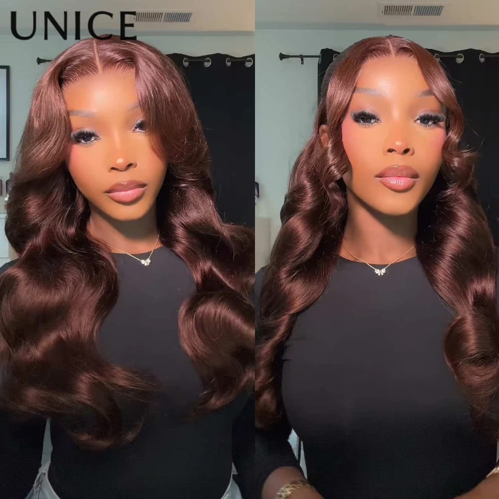 UNICE Capelli Marrone Chocolate Soft Waxed Waxed Tent Frangia Wig 13x4 Pre-ordered cutting Glueless Wig Human Hair 150% Density