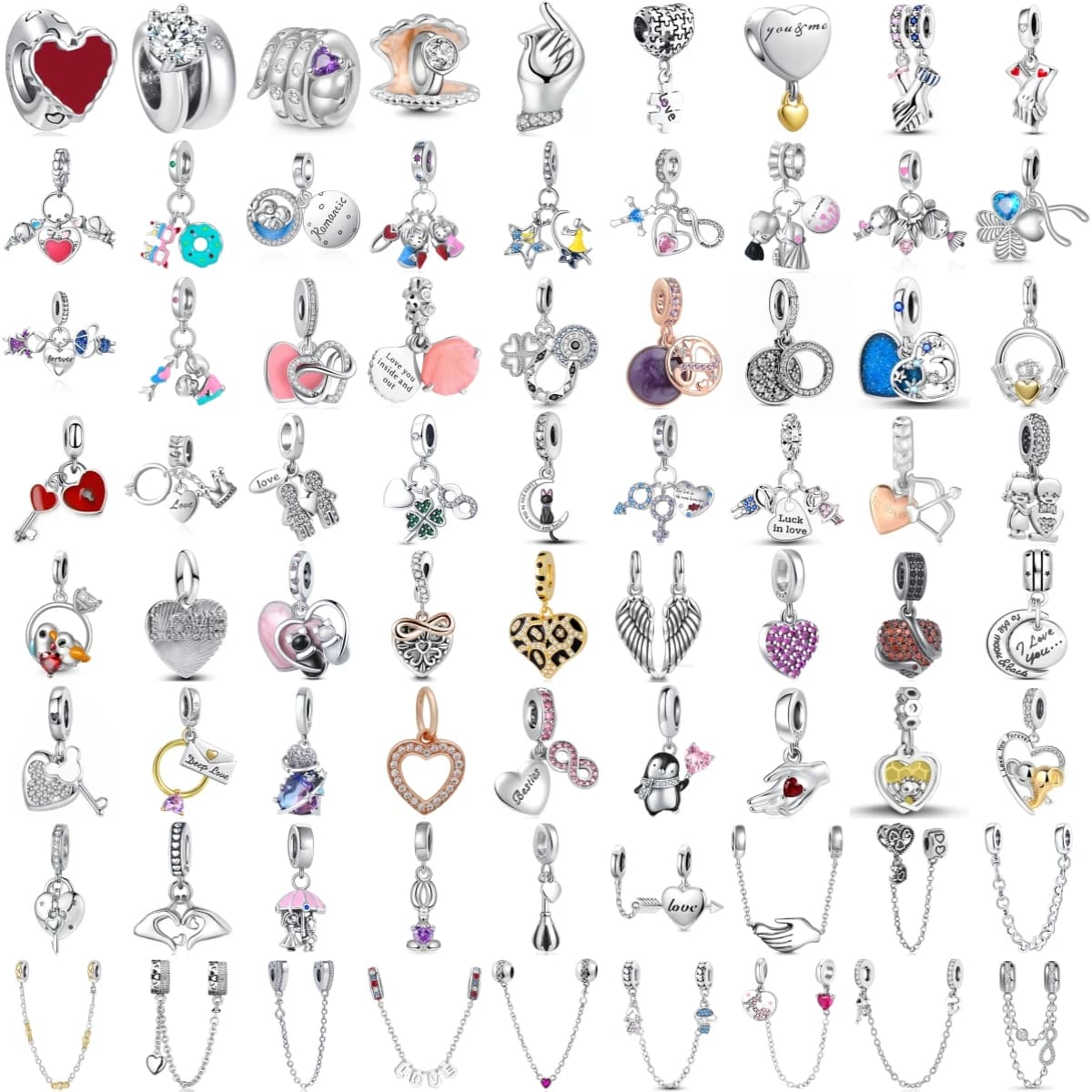 925 Sterling Silver Love Heart Charm Penguin Cat Angel Wing Infinity Symbol Dangle Safety Chain Pendant Valentine Jewelry Gift