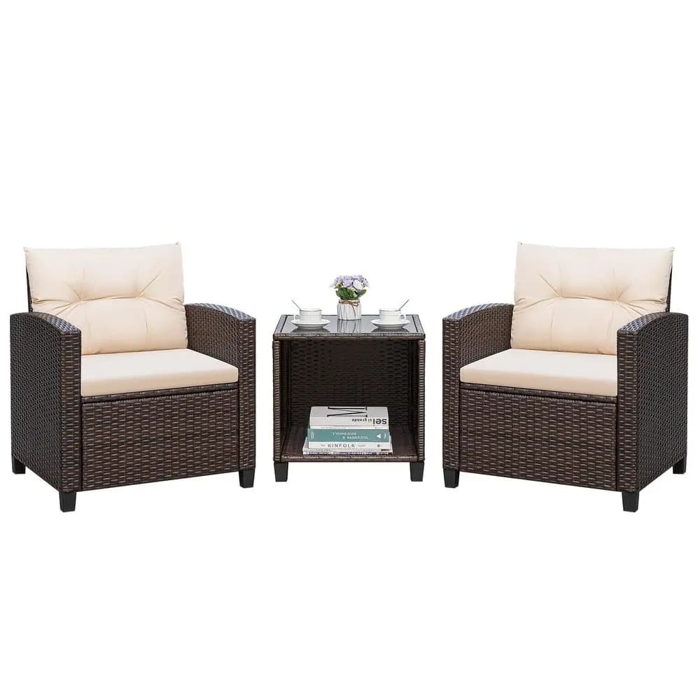 Set di 3 Pezzi di Mobili da Giardino in Rattan PE con Sedie Imbottite e Tavolino in Vetro per Giardino, Cortile e Veranda