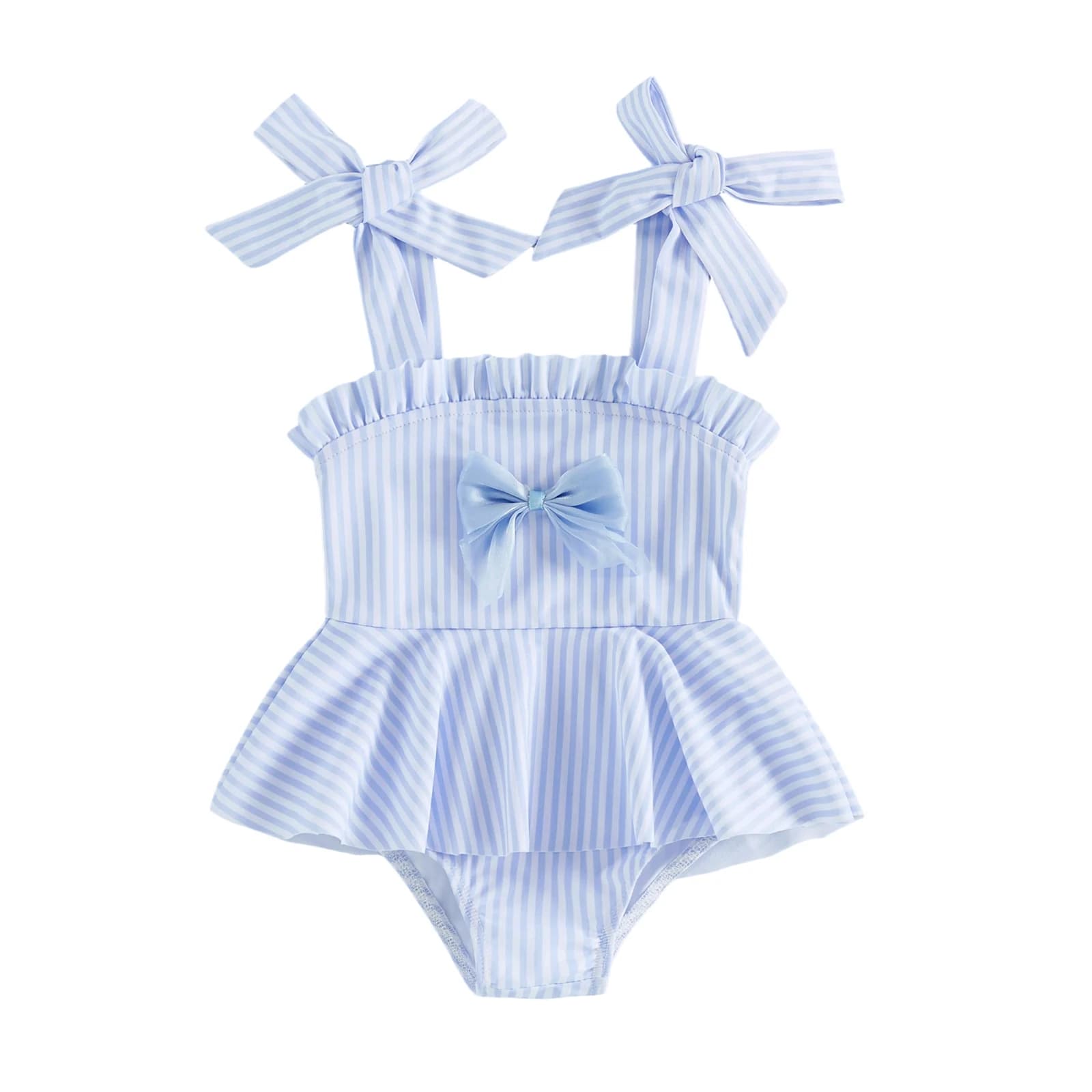 Costume da bagno per bambina con stampa a righe carine, senza maniche, con spalline da annodare, costume da bagno per neonata