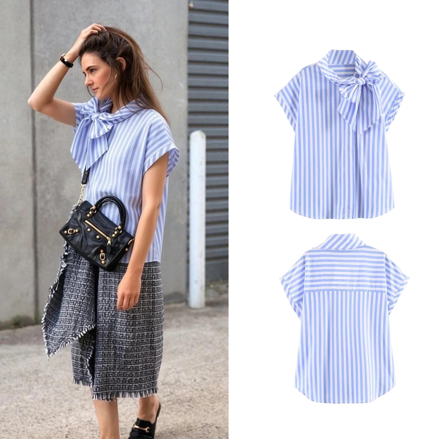 Women's Shirts Summer Female Chic Big Bow Striped T-Shirts Blue Lady Casual Loose Short Sleeve Blouses Streetwear Ladies Top