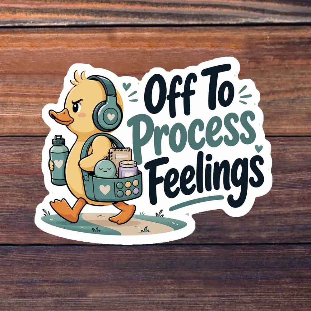 1/3/5pcs "Go Deal With Emotions" Cute Animal Meme Vinyl Decal, Duck with Headphones and Self-Care Tote Design, High Quality PVC Removable Adhesive with Air Release Channels, for Water Bottles, Laptops, Car Windows, Toolboxes, Journals, Coolers