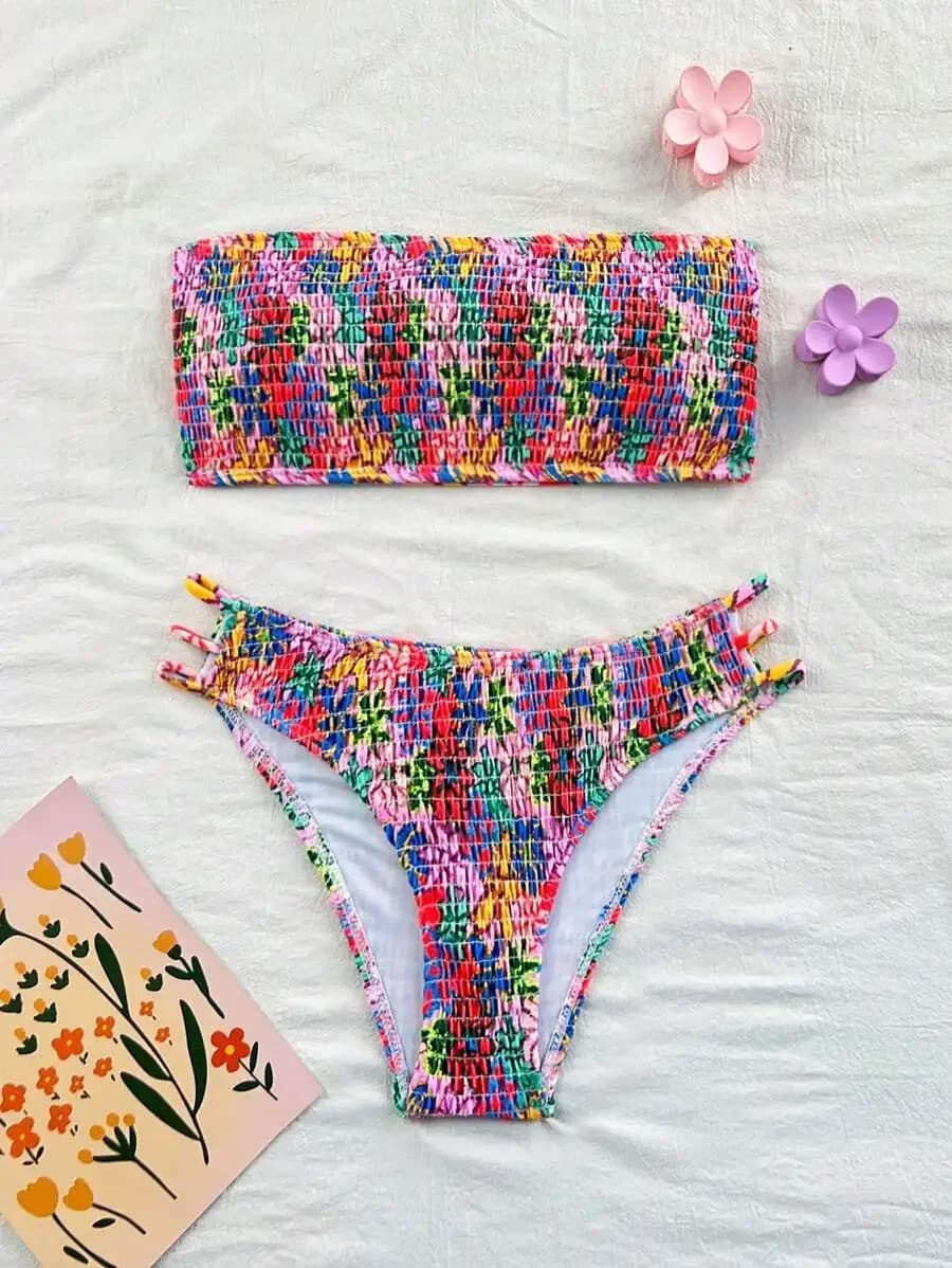 Costume da bagno bikini da donna a vita alta con stampa floreale e top all'americana senza schienale