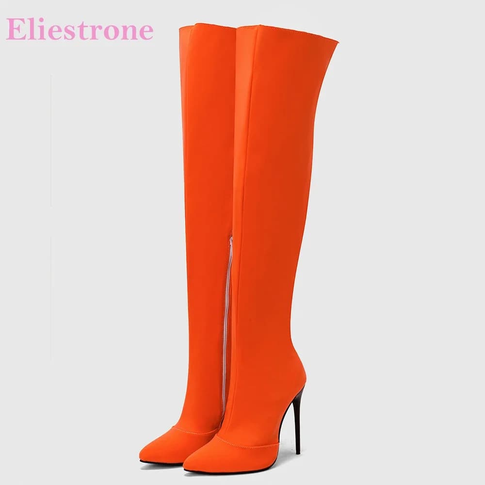 New winter glamorous orange yellow woman boots on the knee warm heel high and thin women's stylish shoes larger size 12 43 46 48