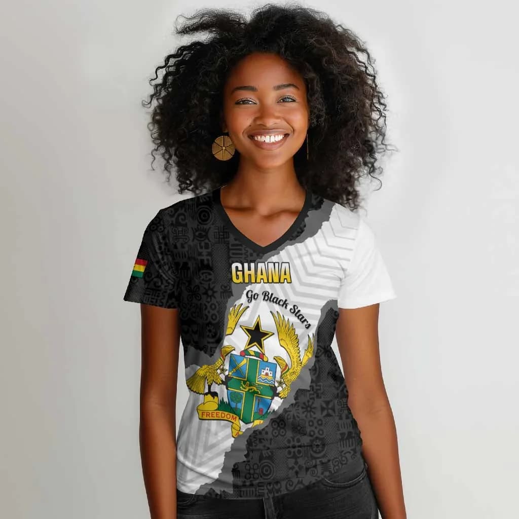 New Summer Women's Short-Sleeve T-Shirt with Ghana Print, Breathable Street Style, Lightweight V-Neck, Casual T-Shirt