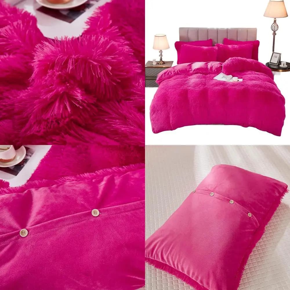 Set copripiumino in pelliccia sintetica pelosa e vellutata queen size rosa caldo con chiusura a bottoni e federe