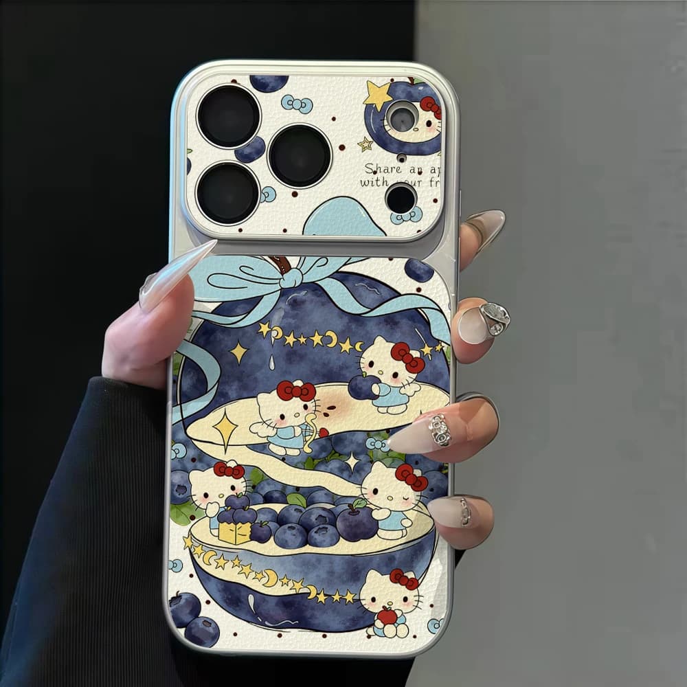 Custodia Morbida per iPhone con Finestra Grande, Design Hello Kitty con Fiocco e Motivo Mirtillo, Compatibile con iPhone 17, 16 Pro Max, Air 15, 14, 13, 12, 11 Pro Max, 17E, 8 Plus