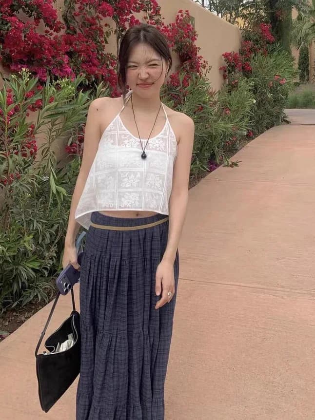 Gentle Pure Desire Style Lace Halter Vest Cake Skirt Half Skirt Two Piece Set Short Sleeve High Waist Cotton Summer Outfit