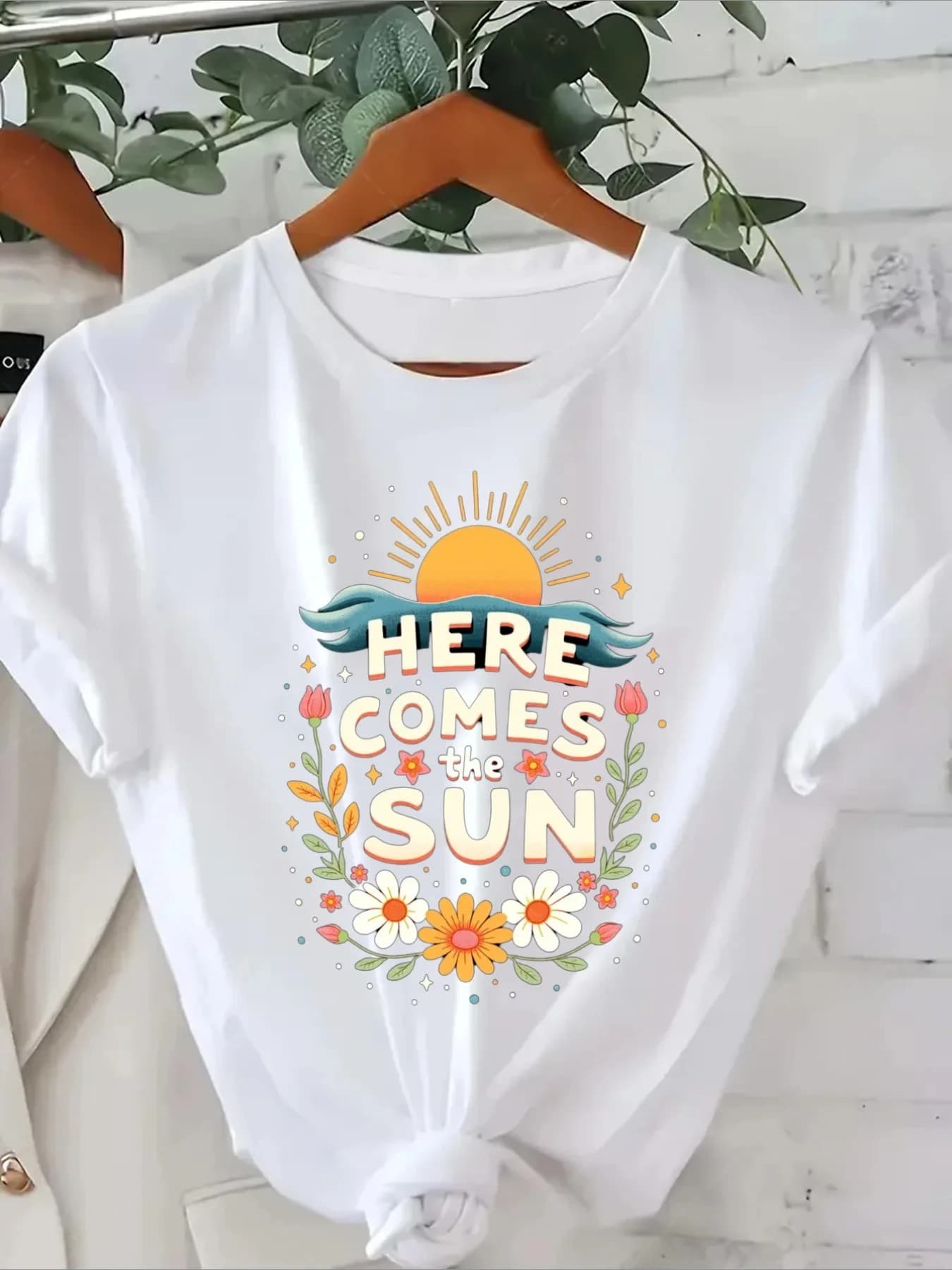 Vintage T-Shirt - Here Comes The Sun Floral Suitable for Skin Blouse Spring Summer Fall Women Clothing