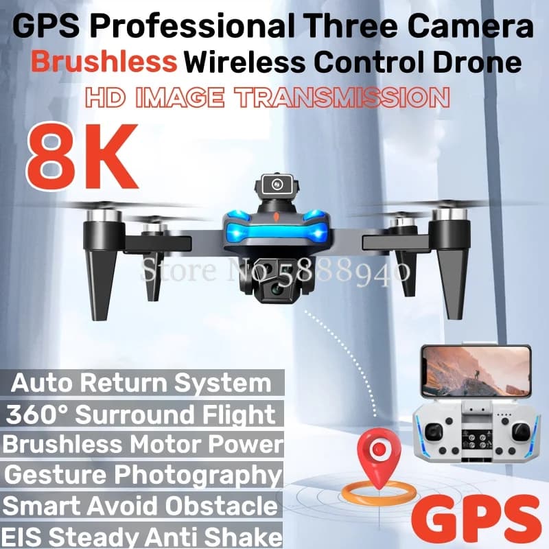 GPS Professionale 8K Tre Telecamere Brushless Controllo Wireless Drone 2.4G Evitare Ostacoli Ritorno Automatico HA CONDOTTO LA Luce RC Drone Quadcopter