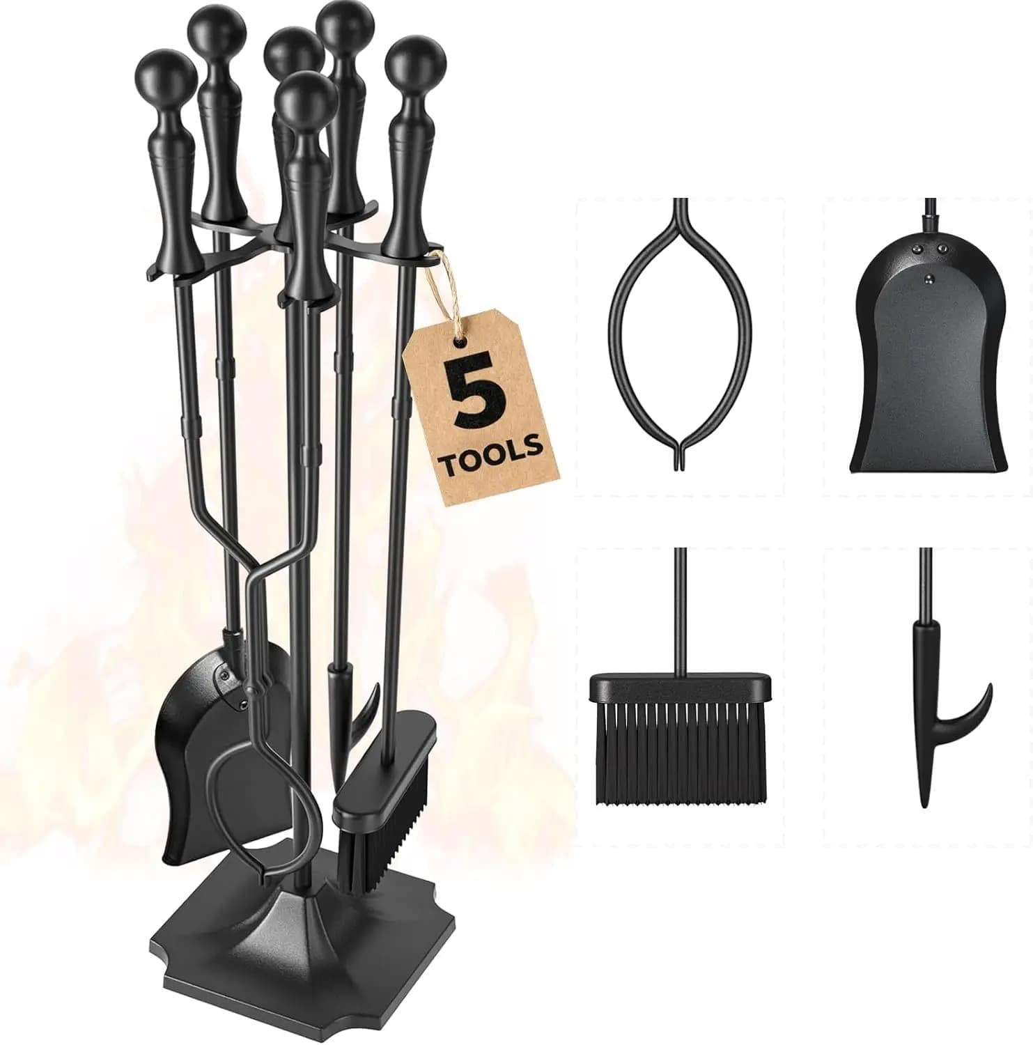 Set di attrezzi per camino da 5 pezzi, manico nero in ferro battuto da 31 pollici, accessori per braciere per interni/esterni con supporto