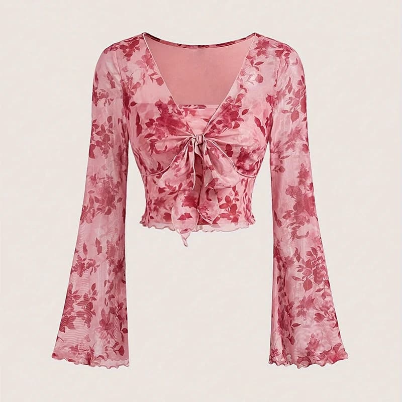 T-shirt con scollo a V dolce stampato floreale Y2k da donna estiva Maglia da spiaggia Abito da festa Top Manica svasata Colletto quadrato Camicia con lacci 2025
