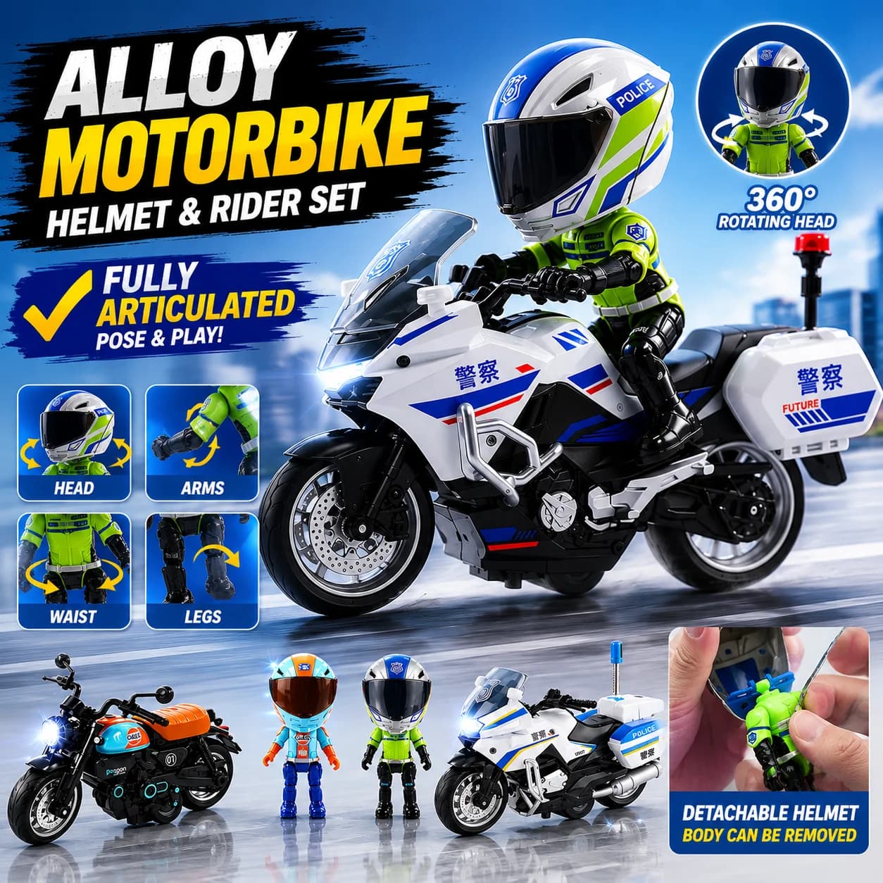 Realistic Alloy Motorbike Toy With Police Rider And Helmet Set Joint Mobility Detailed Diecast Motorcycle Model For Children