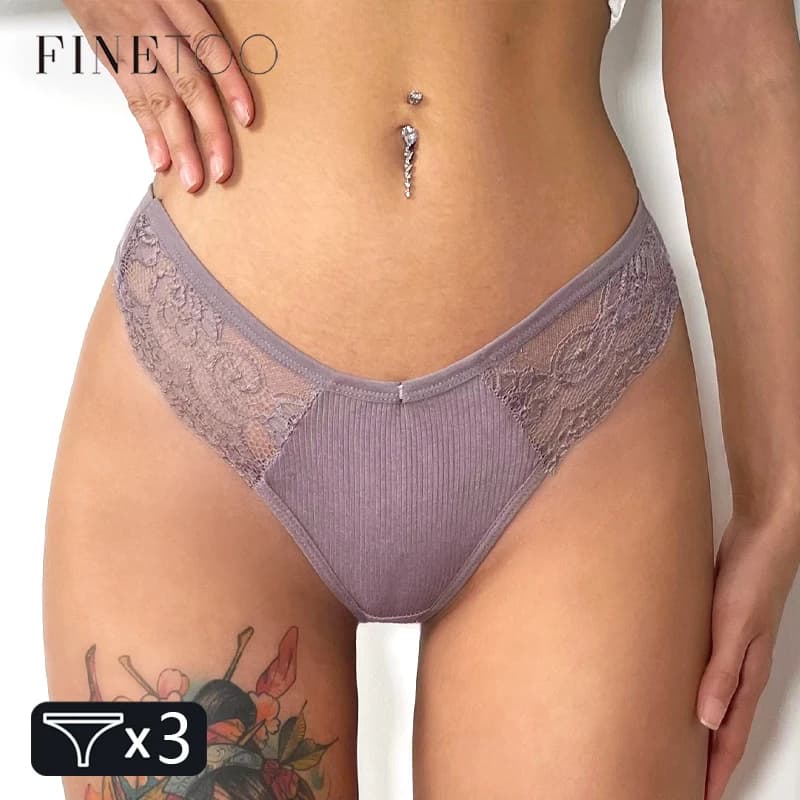 FINETOO 3 pezzi intimo in cotone da donna perizoma in pizzo Sexy tinta unita a vita bassa mutandine Bikini da donna traspirante perizoma Lingerie