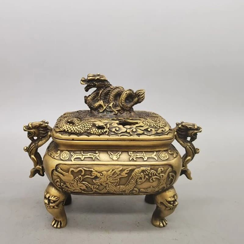 Zodiac Dragon Home Living Room Decoration Antique Collection Brass Incense Burner for Coil and Stick Incens
