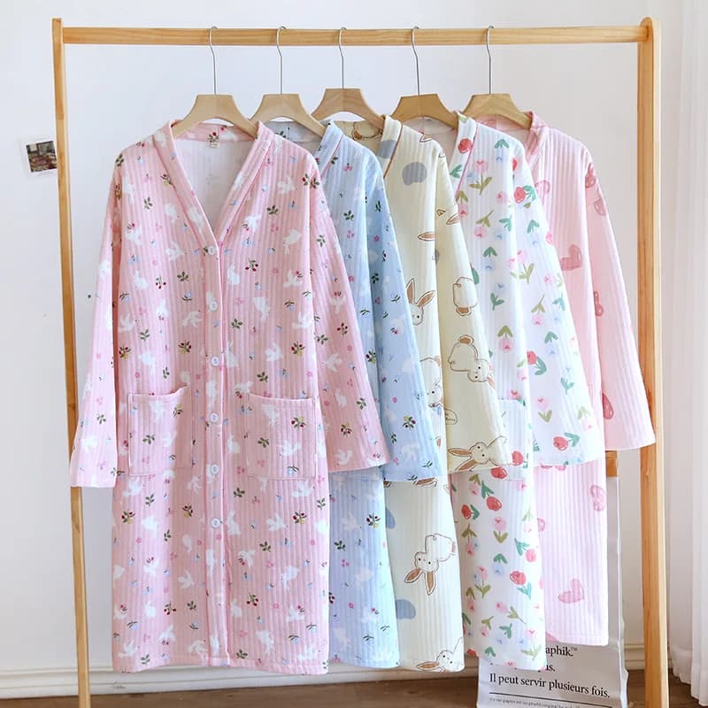 Winter New Cotton Air Layer Kawaii Girls Floral Sleep Robe Dress Women's Nightgowns Nighttie Sleepshirts Ladies Home Clothes