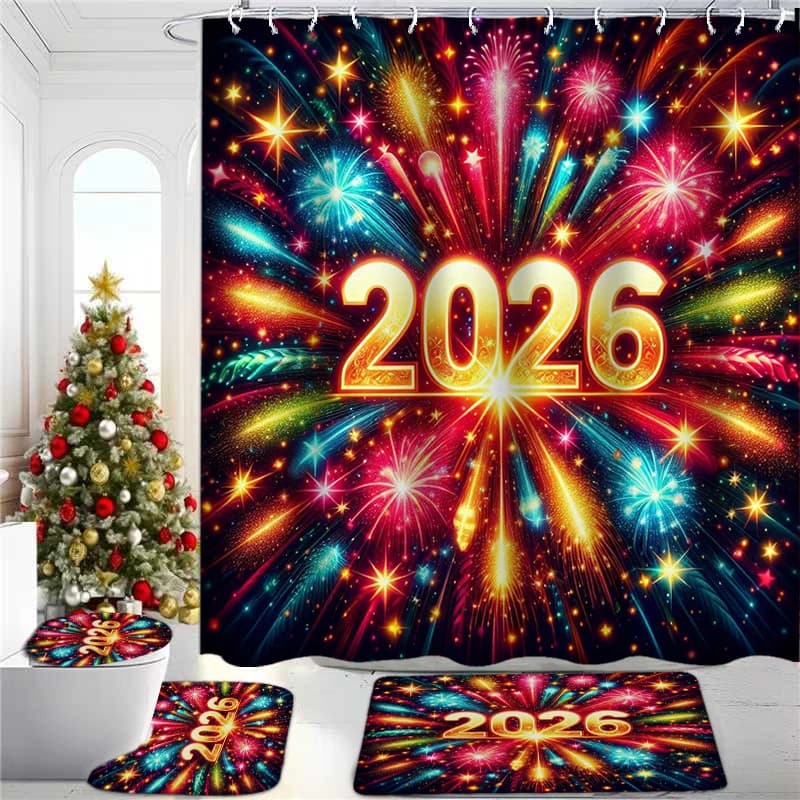 2026 Set da bagno per tende da doccia natalizie Tappeto da bagno antiscivolo impermeabile WC U con 12 ganci Home Deco
