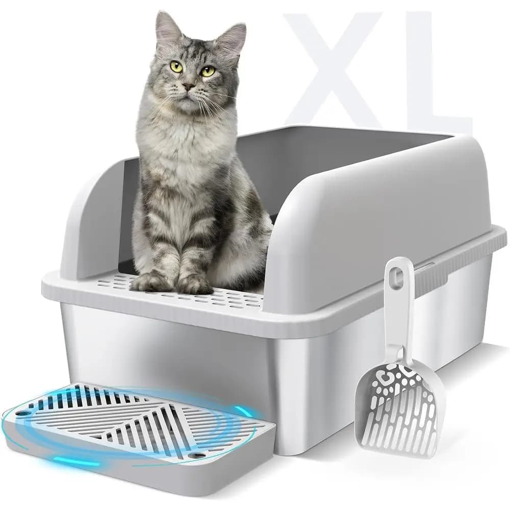 Extra Large Stainless Steel Litter Box with Lid, High Sides Enclosed for Big Cats & High Peeing, Anti-Leak & Odor Control Metal