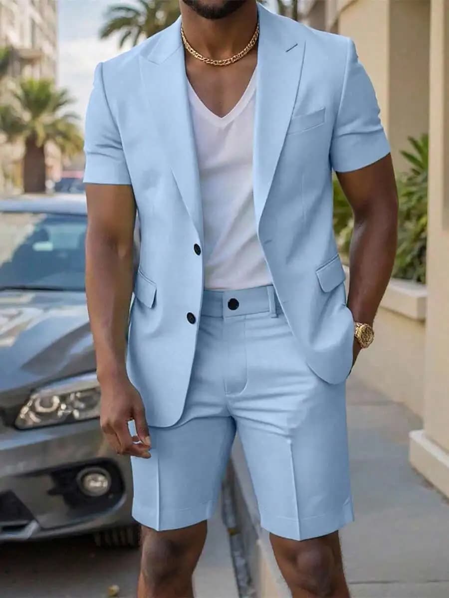 Mode Men's Summer Short-Sleeved Formal & Suit Shorts,2 Pieces Baby Blue Casual Semi Formal Business Party Outfits Set,Gift For H