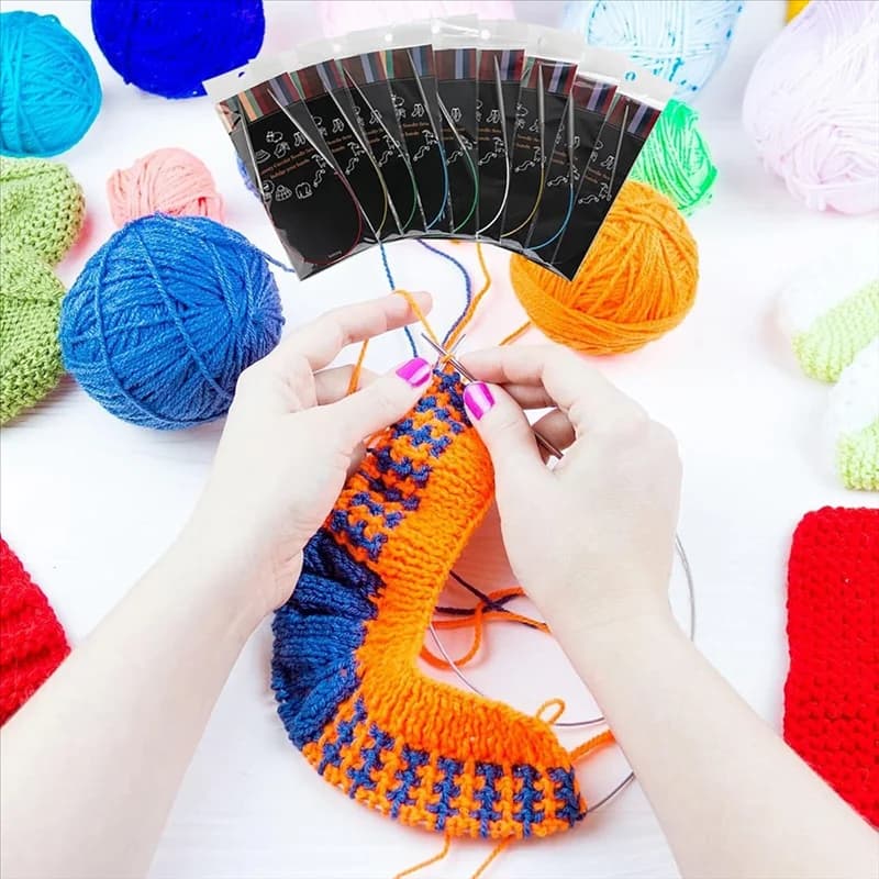 Set di ferri da maglia circolari AEE3-9 pezzi, ferri da maglia in acciaio inossidabile da 40 pollici (100 cm), 9 dimensioni per principianti, maglieria