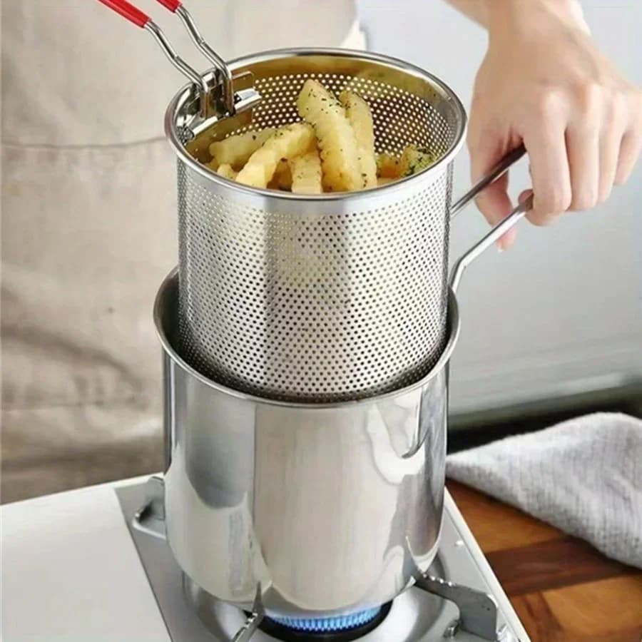 Stainless steel fryer for fries and chicken wings, Tianfu Luo pan, small pot for domestic oil with filter.