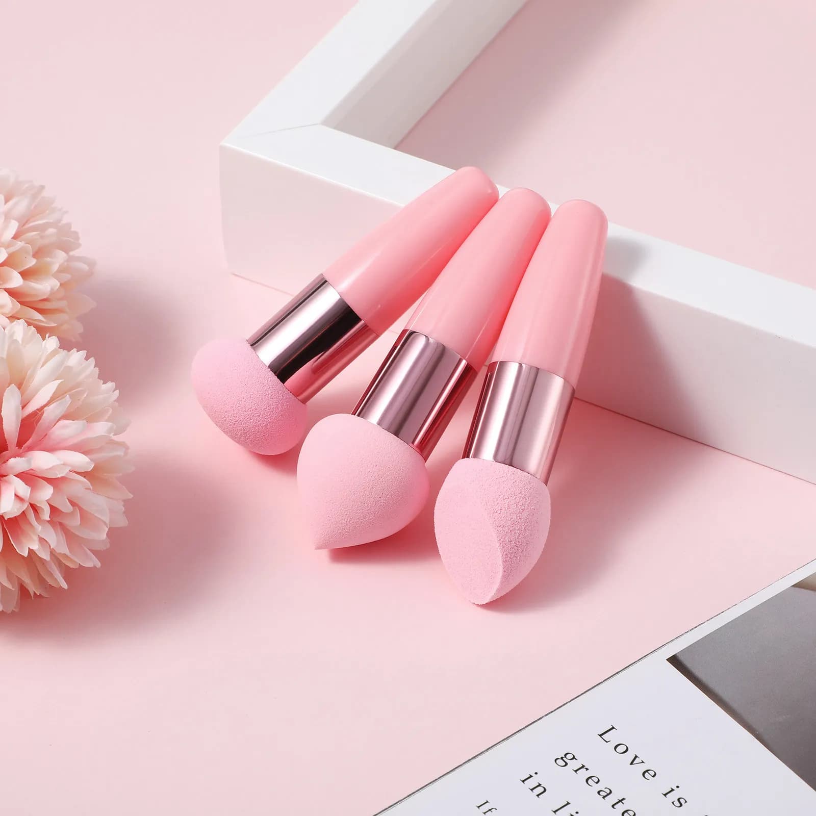 Set di 3 spugne per trucco con manico, spugne per fondotinta, strumenti di bellezza, correttori, portatili da viaggio