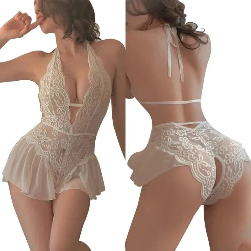 Sexy Crotchless White Underwear Women Lace Hollow Bra Set Erotic Costume Teddy Baby Doll Dress Deep V Open Bra Porn Lingerie Set