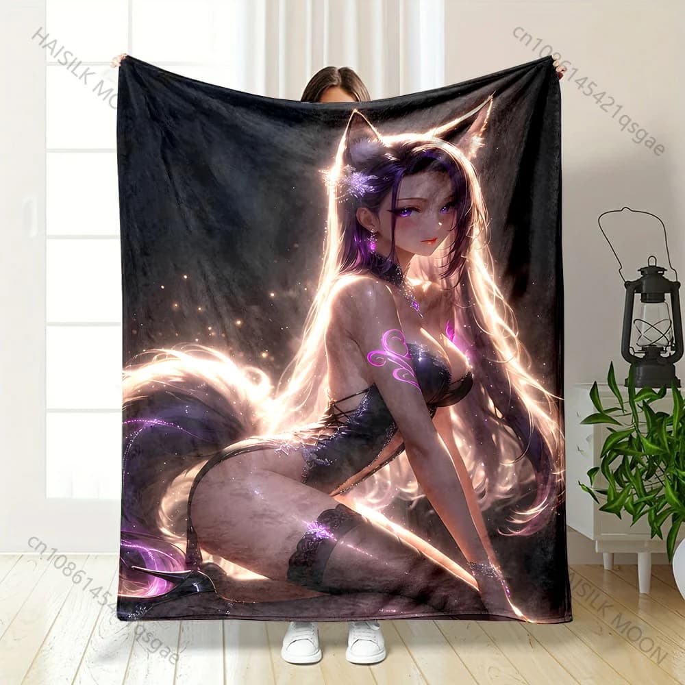 Coperta con stampa ragazza con orecchie di volpe, capelli luccicanti e tatuaggi viola, calda, morbida e soffice, per bambini e adulti, per divano, letto, viaggi, campeggio, camper