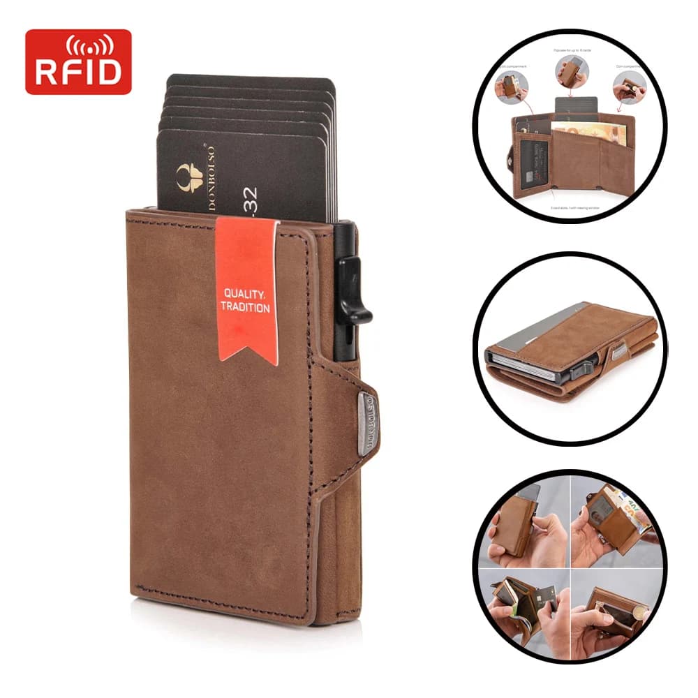 100% Crazy Horse Portafogli da uomo in vera pelle Porta carte Rfid Portamonete Porta soldi Borse in metallo Walet Portamonete in pelle maschile