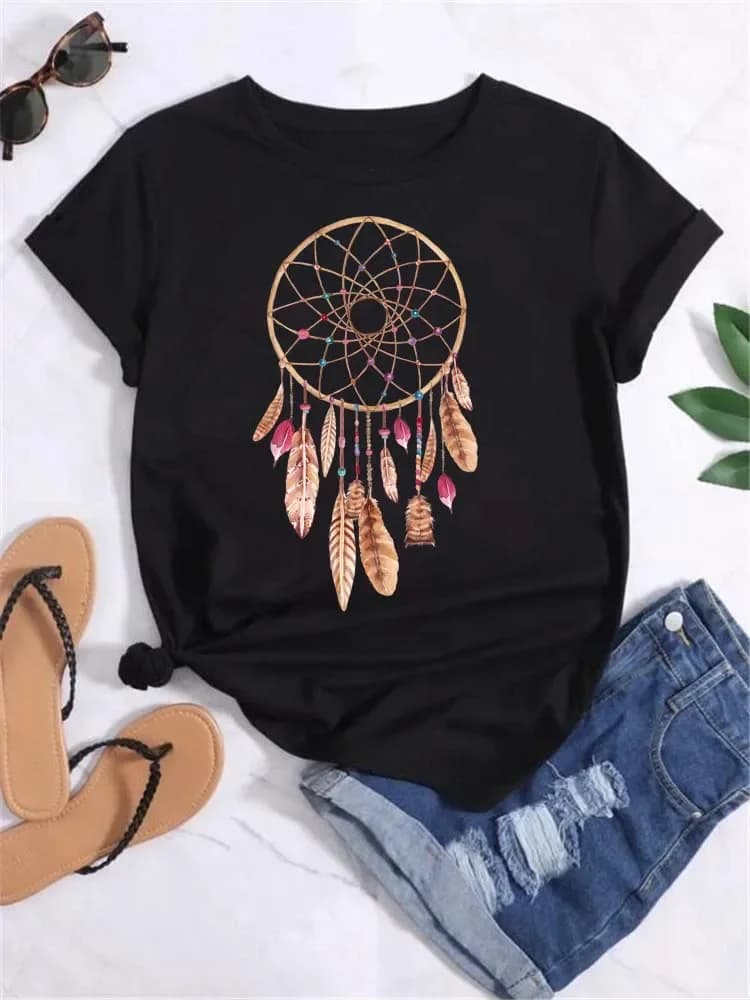 Hot Sale Harajuku Women T-shirt Beautiful Dreamcatcher Print Top Short Sleeve O-Neck Female Cute Graphic Women 2000s Y2k Clothes