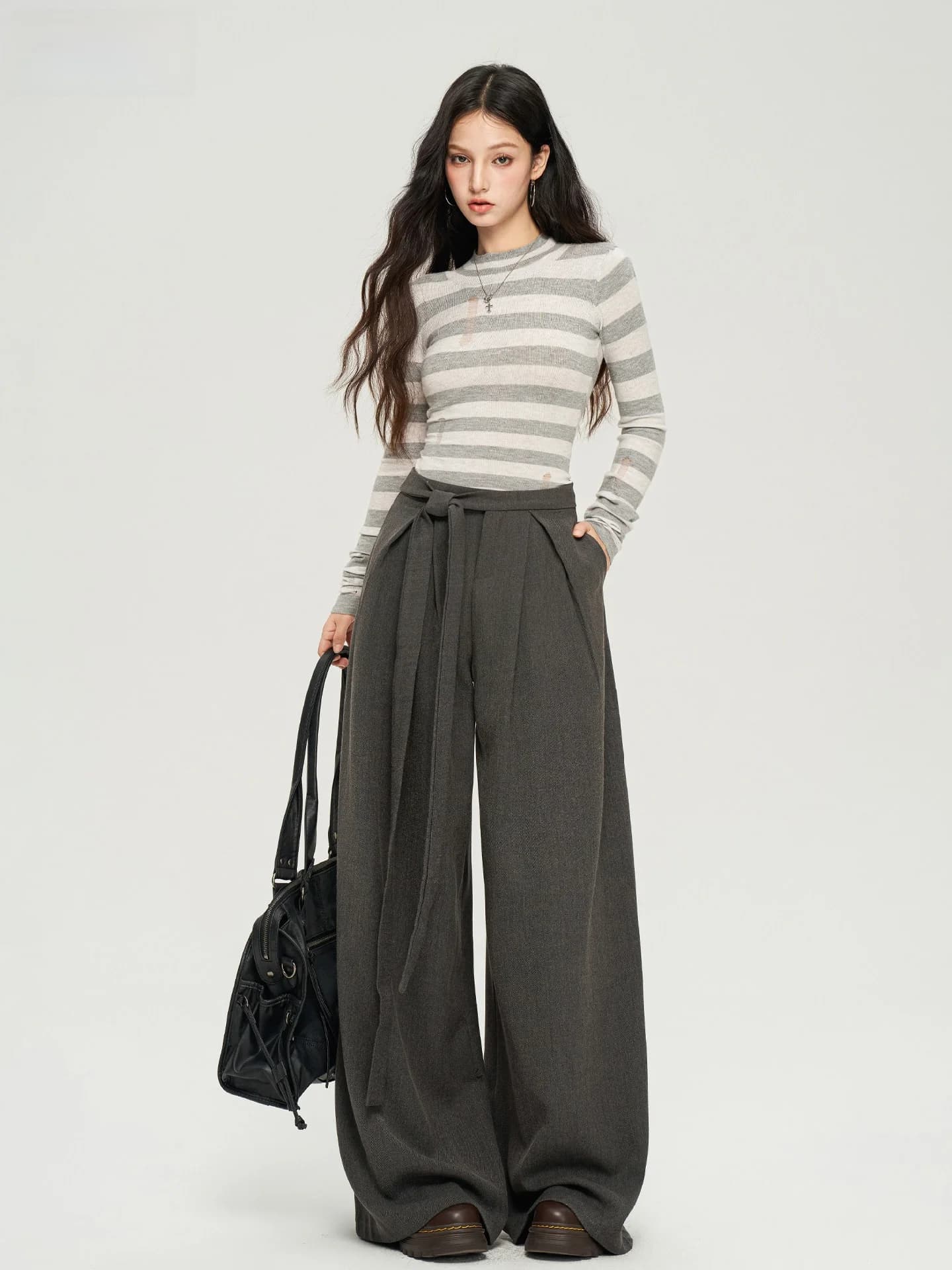 Gray Casual Pants Women's 2026 New American Hot Girl Loose Belted Pleated High-End Drape Suit Pants High Waist Wide Leg