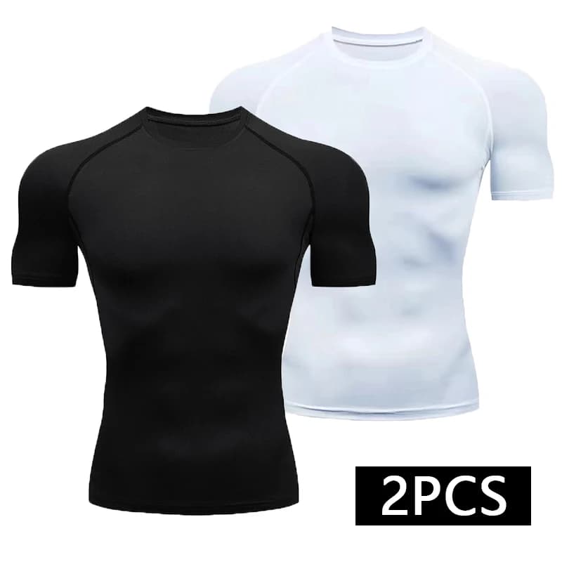 2-Piece Compression T Shirt Men Summer Sportswear Running T-shirt Elastic Quick Dry Sport Tops Athletic Gym Workout Shirts Men