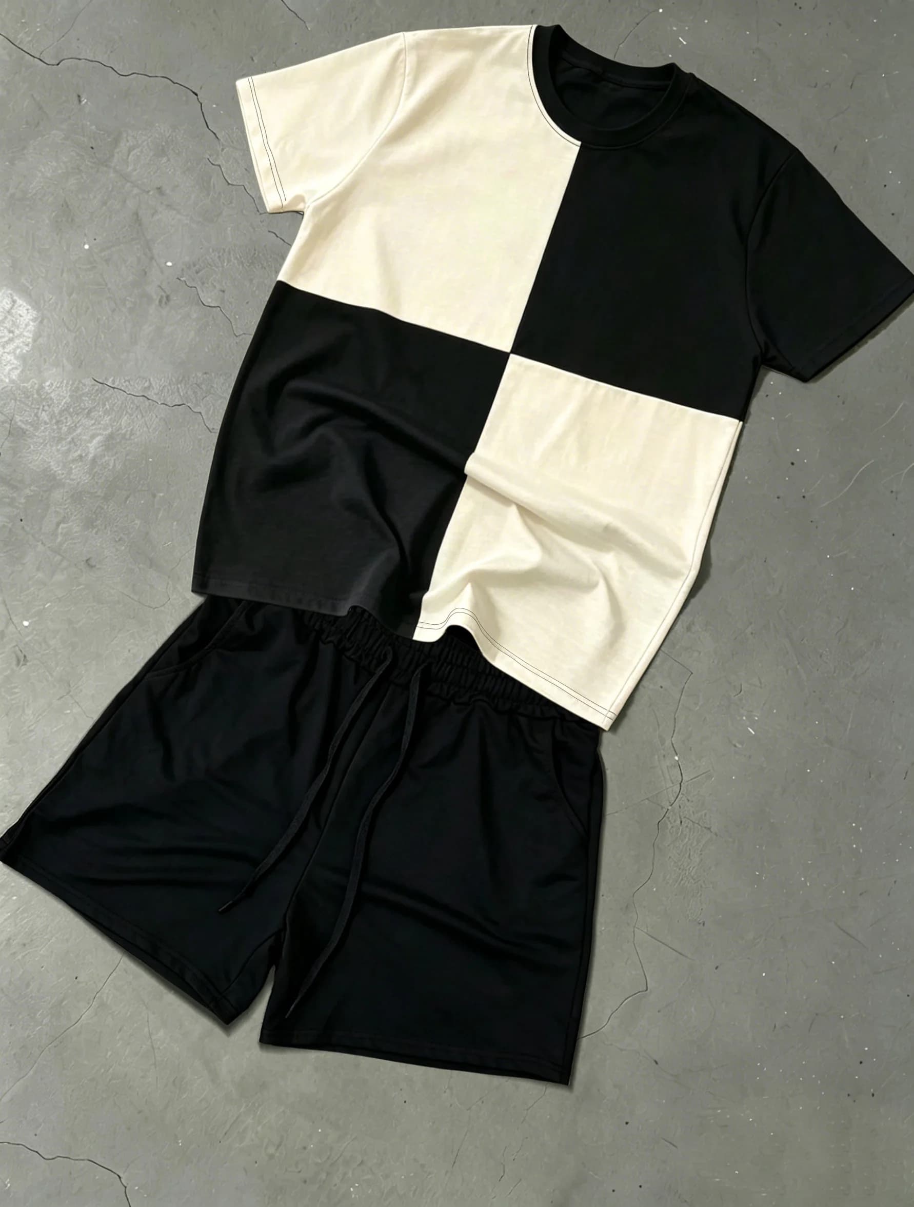 Unisex 2-Piece Outfit: Stylish Black & White Color Block T-shirt + Shorts, Versatile Regular Fit for Daily Wear & Office Commute