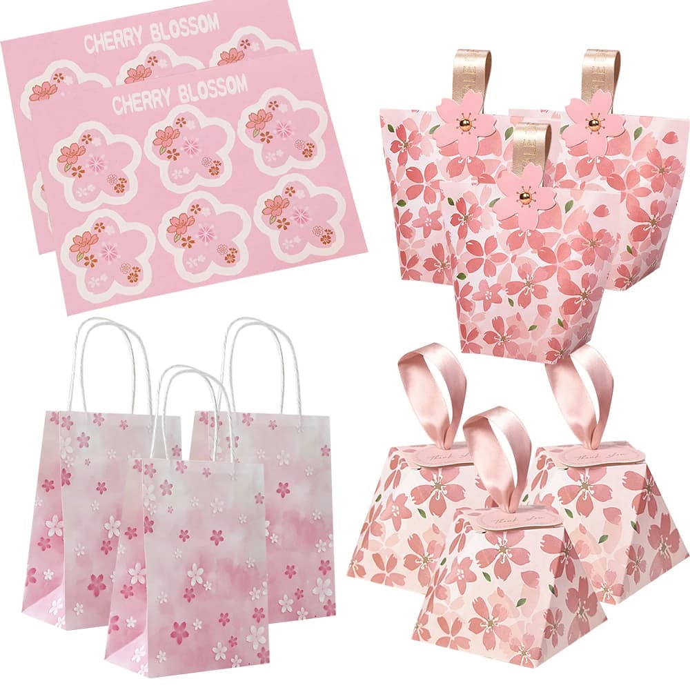 1 confezione di scatole di caramelle con fiori di ciliegio, sacchetti per biscotti multi tipo, adesivi in carta con ciliegia Sakura, regali di compleanno per matrimoni, forniture per imballaggio