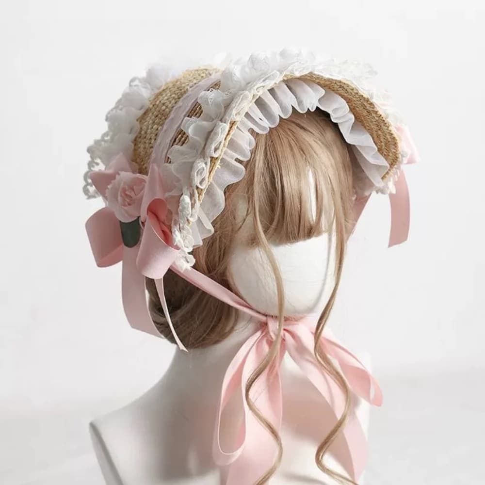 Elegant Lace Lolita Bonnet Pastoral Style Flat Top Lolita Straw Hat French Sun Protection Bow Ribbon Flower Cap Beach Vacation