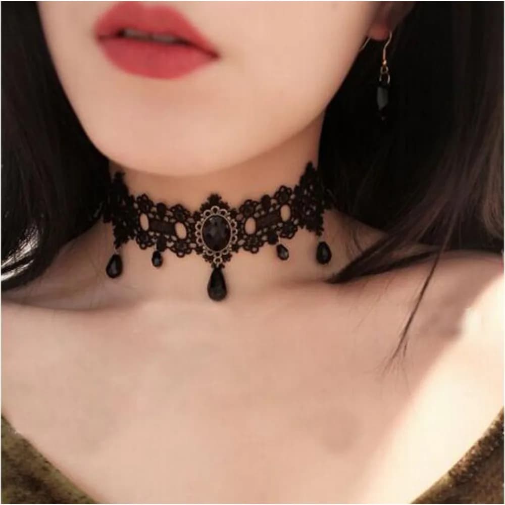 1 pezzo di collana di pizzo nero di Halloween, pietra preziosa nera personalizzata gotica di corte, adatta per regali di feste e festival