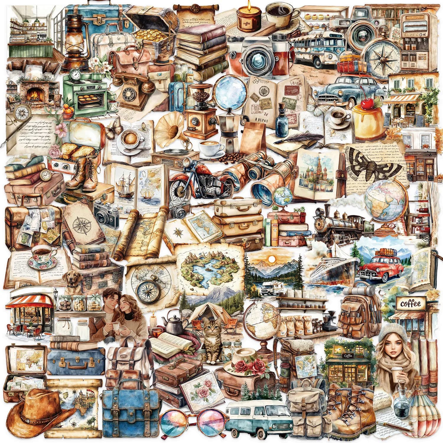 100pcs Transparent Retro Travel Graffiti Stickers Diary Laptop Refrigerator Luggage Decoration Clipping PET Waterproof Stickers