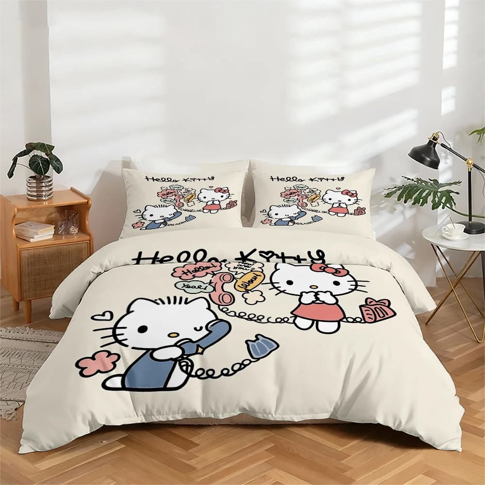 Digitally high-definition printed bedding set in 3 pieces with Hello Kitty pattern, set duvet with large floral design, includes 1 duvet + 2 pillowcase, suitable for bedroom, guest room, home decoration, duvet cover + polyester fiber pillowcase, ultra soft bed linen, thick fabric, suitable for all seasons, washing machine