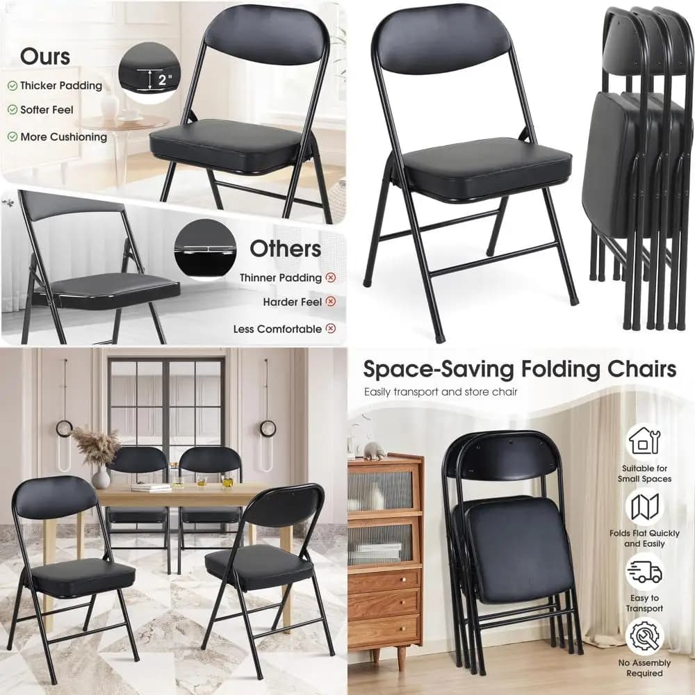 Set of 4 padded dining chairs with pillows, durable metal structure, no assembly required, ideal for kitchen, office, weddings, black color