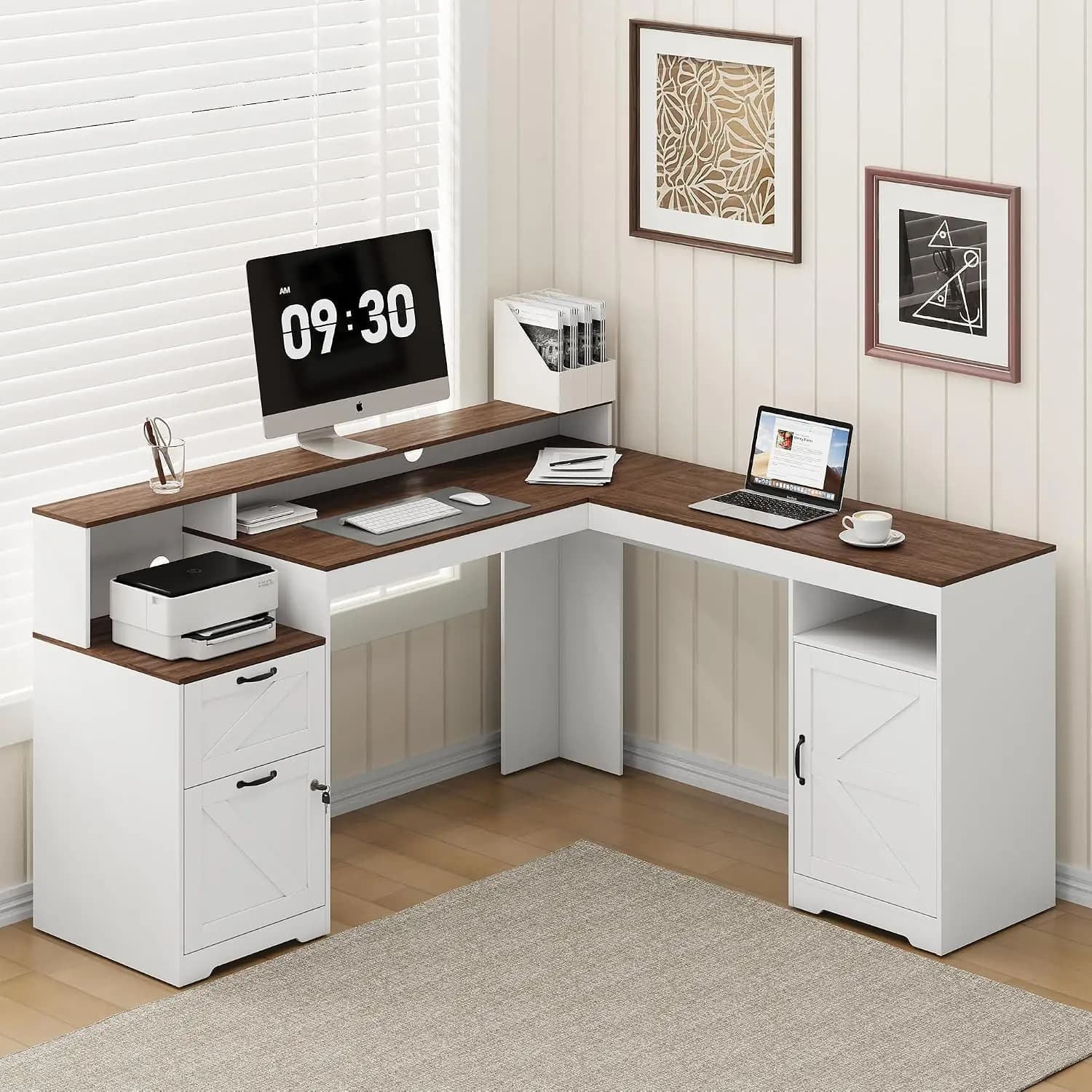 Farmhouse L Shaped Executive Corner Computer Desk With Storage Drawers Shelves Power Outlets Monitor Stand Wood Grain Tabletop Furniture For Home Office Studio Work, White Rustic Brown