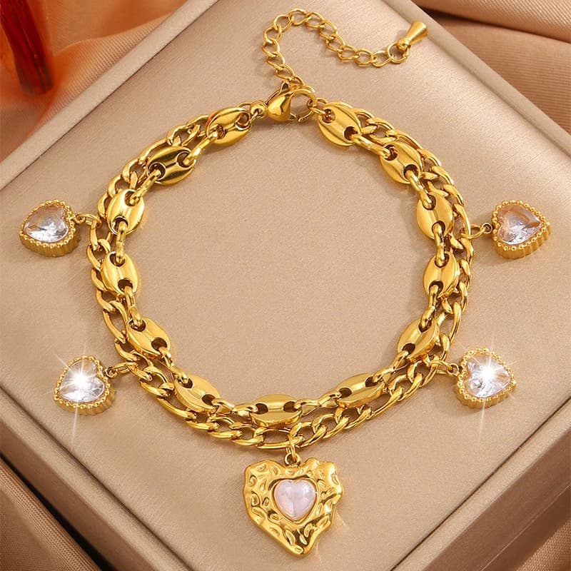 Kuziduocai Statement 316L Stainless Steel 2025 New Fashion Jewelry Embed Zircon Pearl Love Heart Charm Chain Bracelets For Women