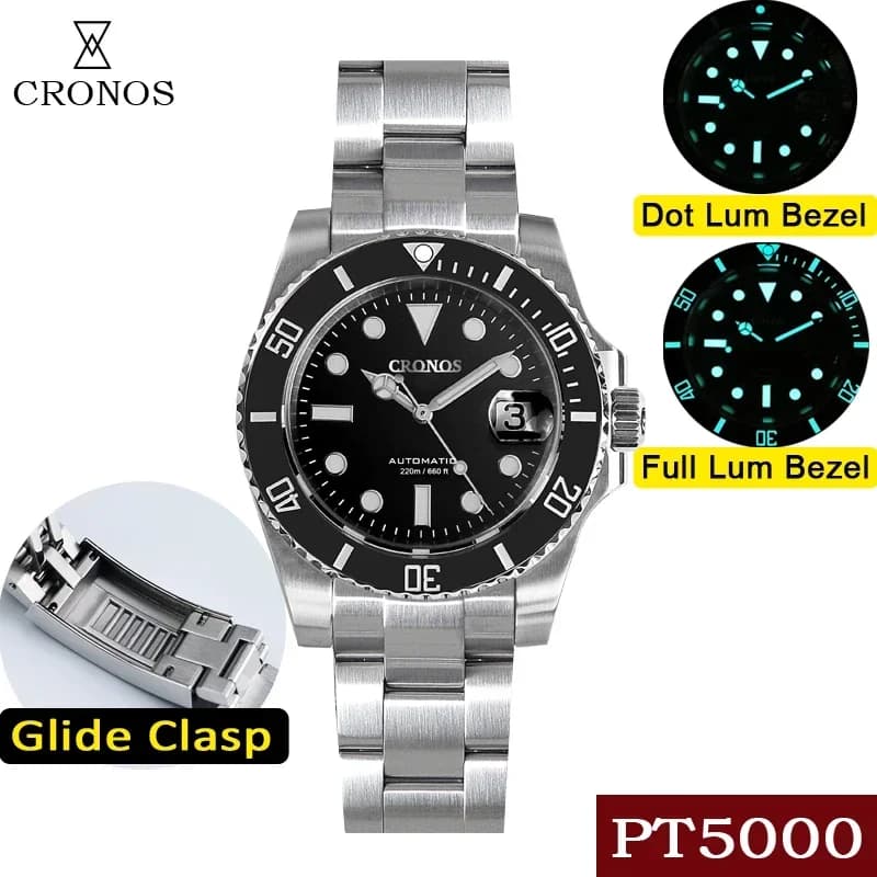 Cronos Sub Diver Orologio da uomo in acciaio inossidabile PT5000 Bracciale con lunetta in ceramica 200 metri Resistente all'acqua Glideclasp L6005 V3 Orologi