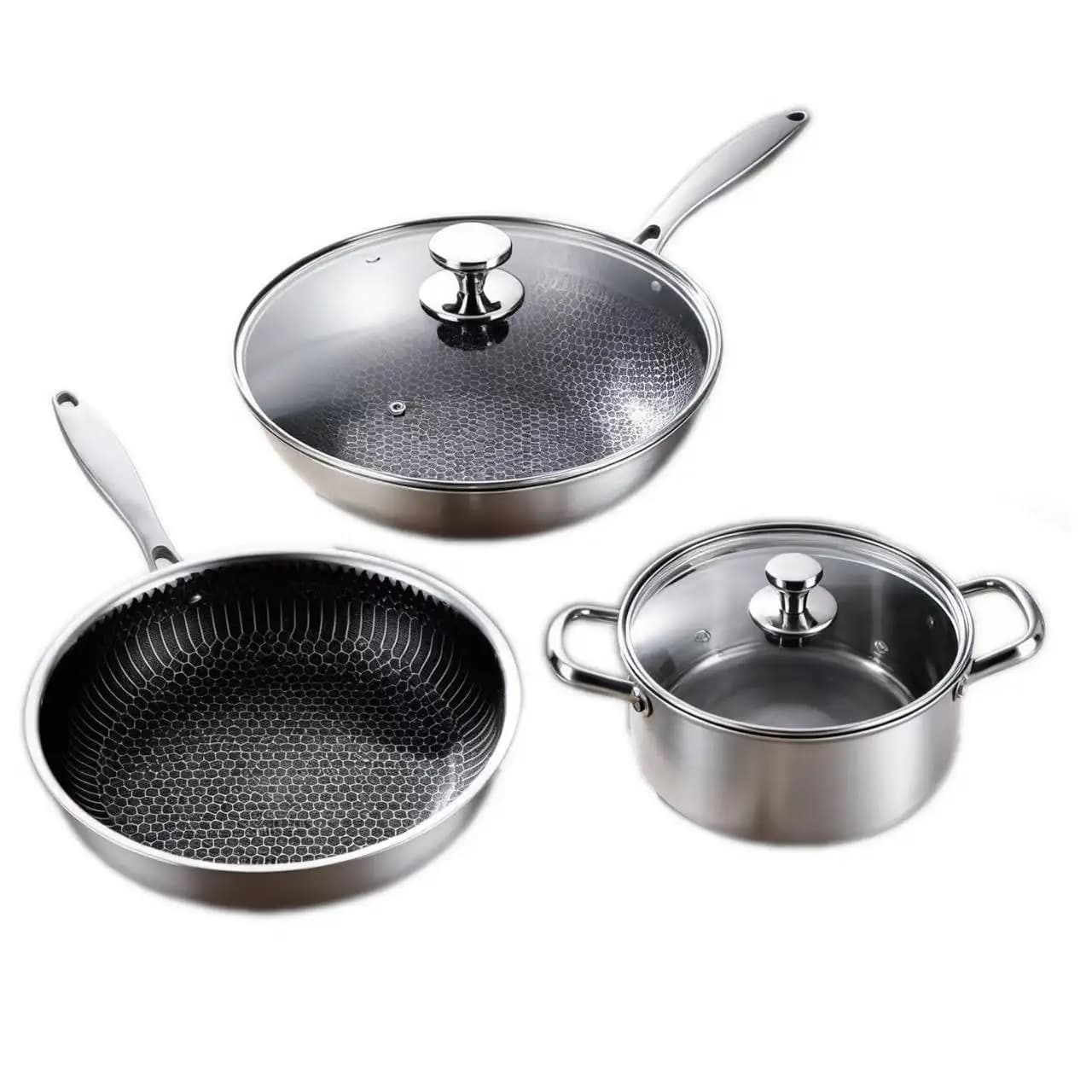 Stainless Steel 316 Non-Stick Frying Pan Set with Glass Cover 3-4L Capacity American Style