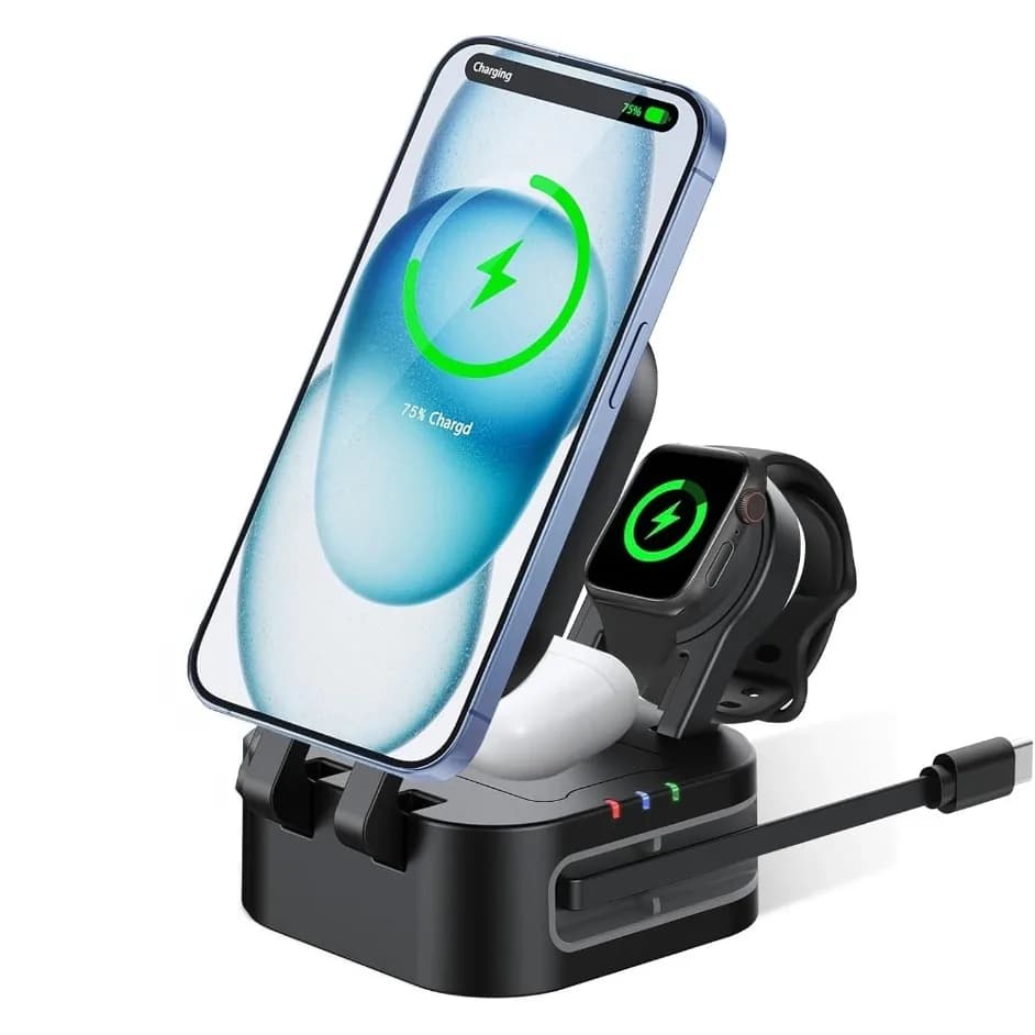 Stazione di ricarica wireless magnetica 3 in 1 con cavi di prolunga per iPhone 17 16 15 14 13 12 iWatch 11-2 Airpods Pro Ricarica rapida