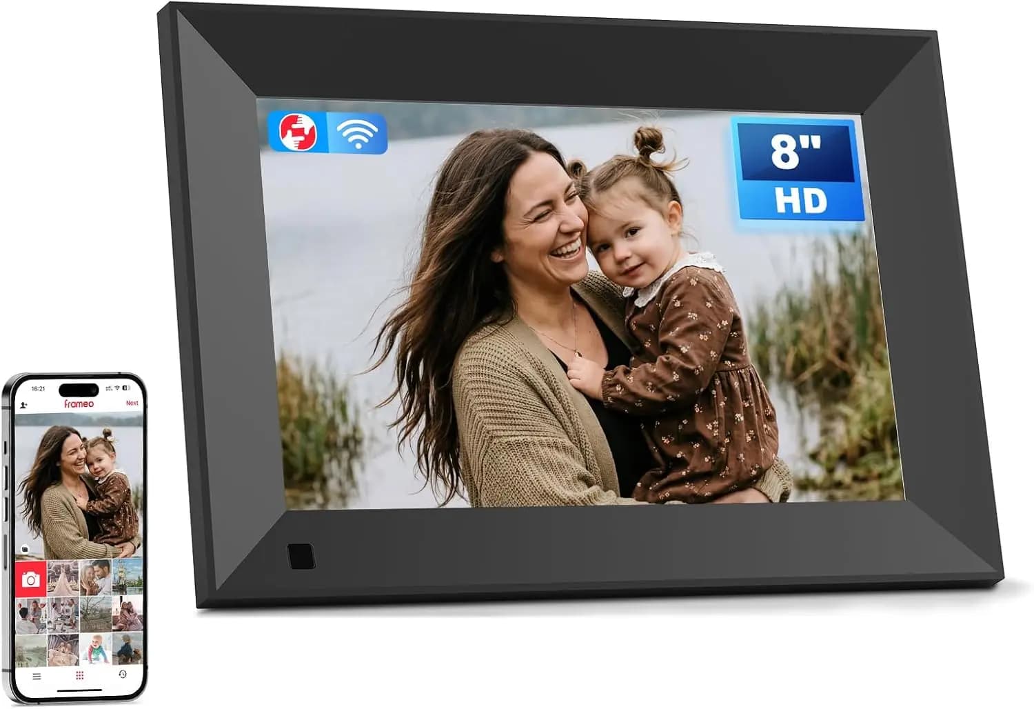 8 Inch WiFi Digital Photo Frame with 1280x800 HD IPS Touchscreen, 16GB, Share Photos/Videos via App, USB/Micro SD, Wall Mountable