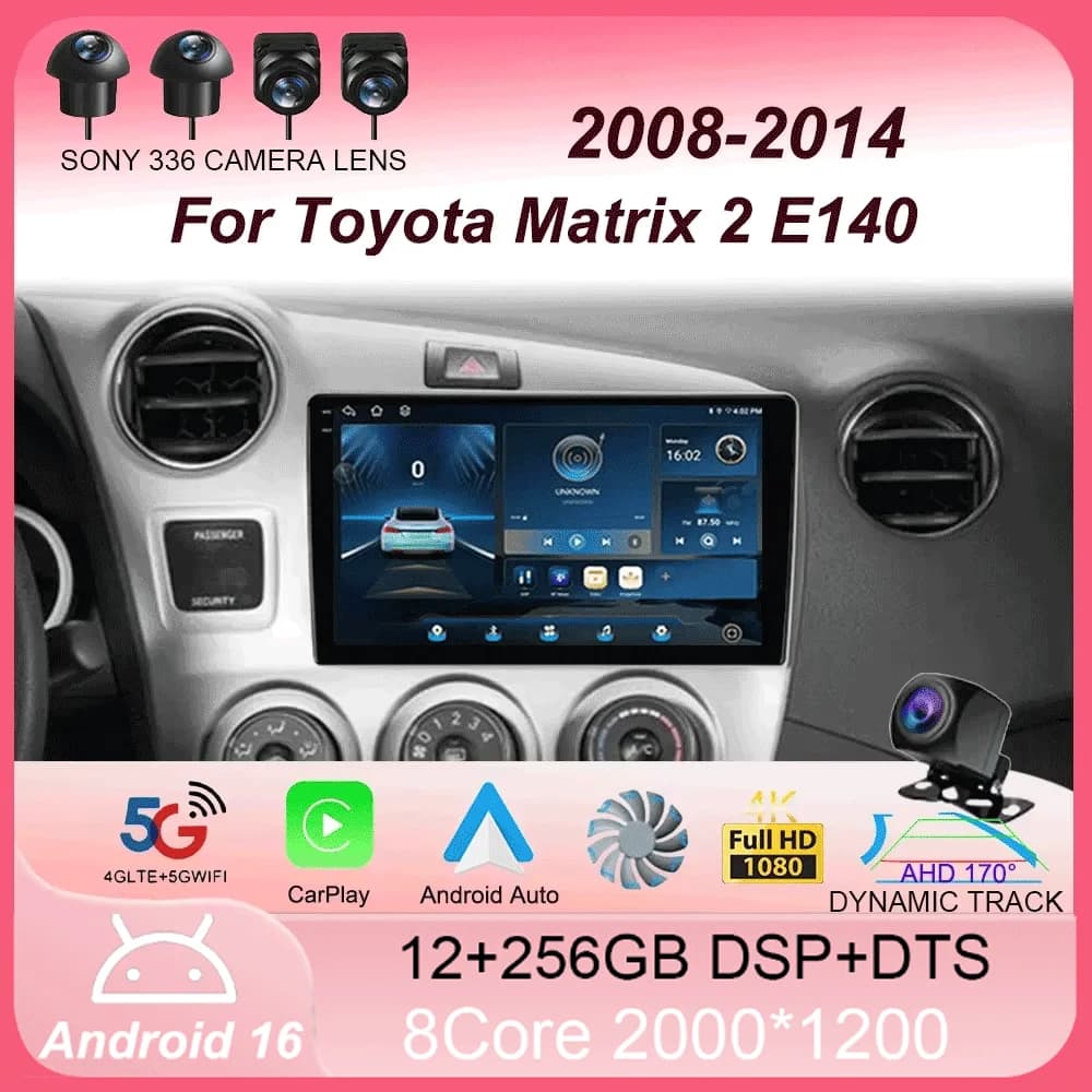 Autoradio Android 16 Carplay Auto per Toyota Matrix 2 E140 2008-2014, Lettore Multimediale con Navigazione GPS