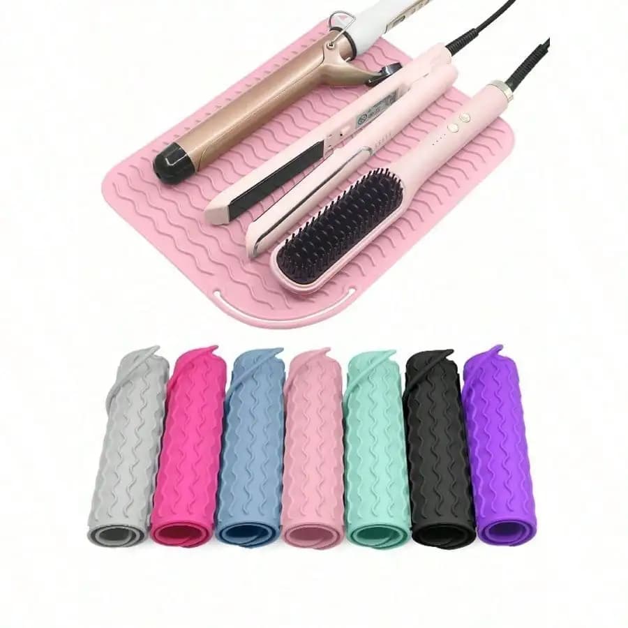 Portable Heat Resistant Silicone Mat, Insulating Mat for Plate and Hair Dryer, Non-slip and Heat Resistant Mat, Travel Styling Tool for Toiletry, Travel Case for Hair Tools - Heat Resistant Mat, Plate Mat and Hair Dryer